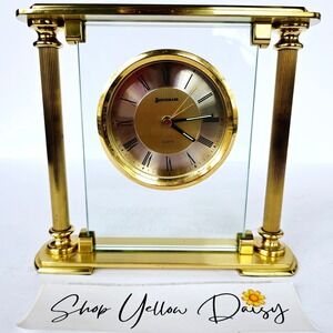 Vintage Benchmark Quartz Desk Clock Gold Tone Glass Harland Deloitte Fifty Years